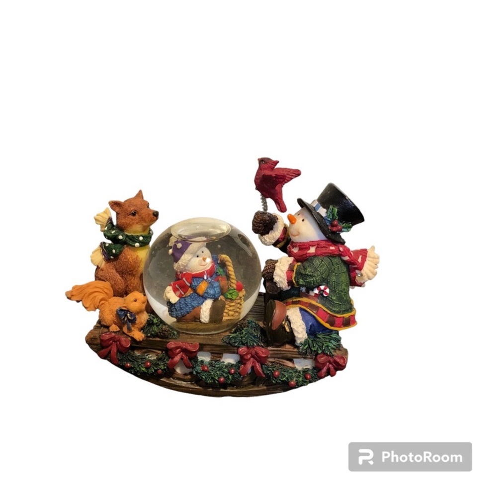 Vintage Rocking Snowman and Animals Sled Water Globe Christmas Collectible Retro